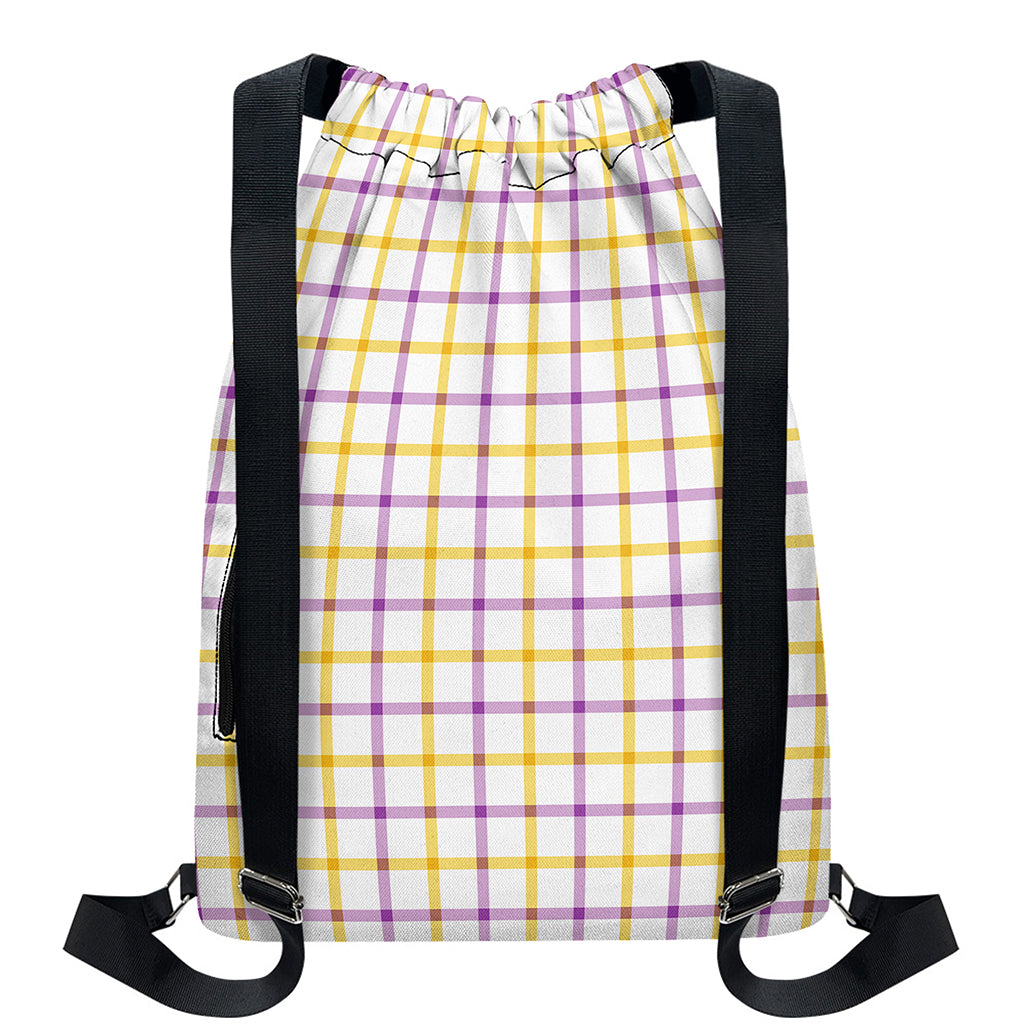 Yellow And Purple Tattersall Print Drawstring Backpack