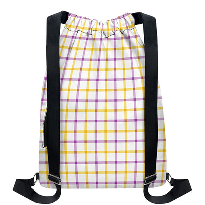 Yellow And Purple Tattersall Print Drawstring Backpack
