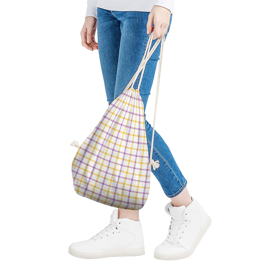Yellow And Purple Tattersall Print Drawstring Bag