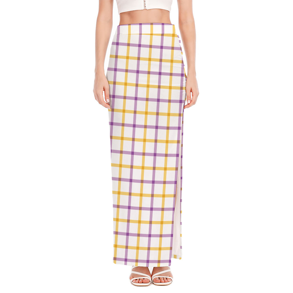 Yellow And Purple Tattersall Print High Slit Maxi Skirt