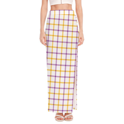 Yellow And Purple Tattersall Print High Slit Maxi Skirt