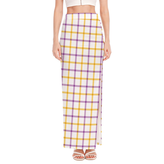 Yellow And Purple Tattersall Print High Slit Maxi Skirt