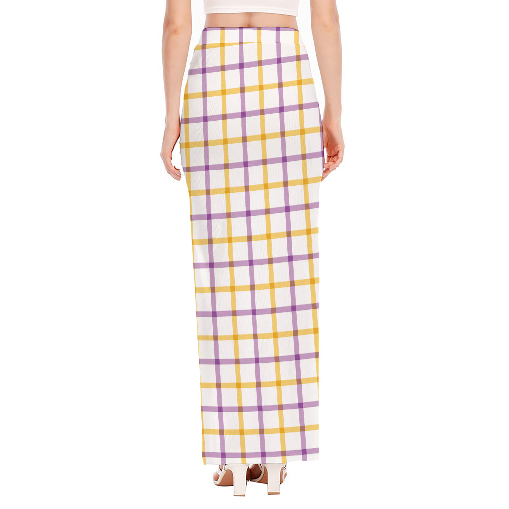 Yellow And Purple Tattersall Print High Slit Maxi Skirt
