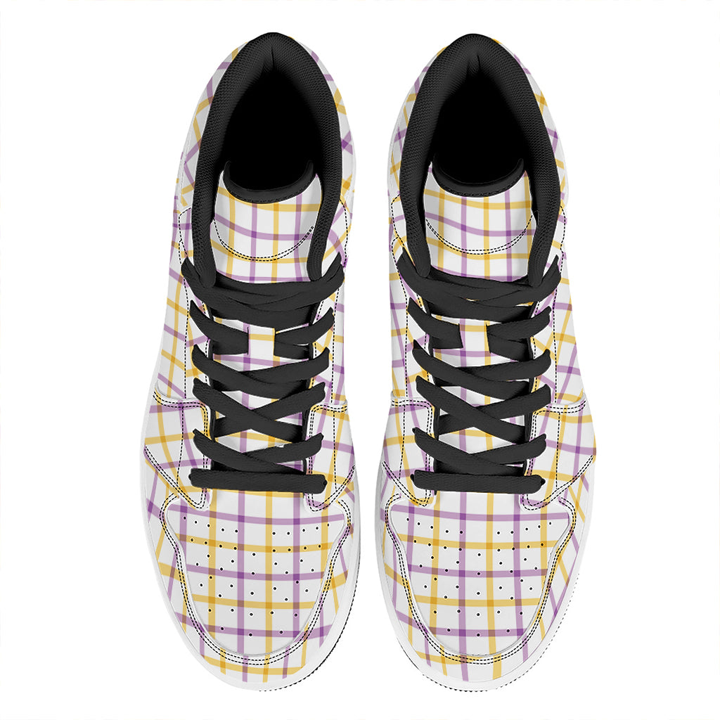 Yellow And Purple Tattersall Print High Top Leather Sneakers