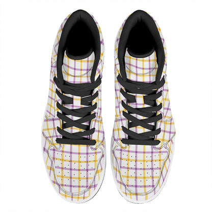 Yellow And Purple Tattersall Print High Top Leather Sneakers