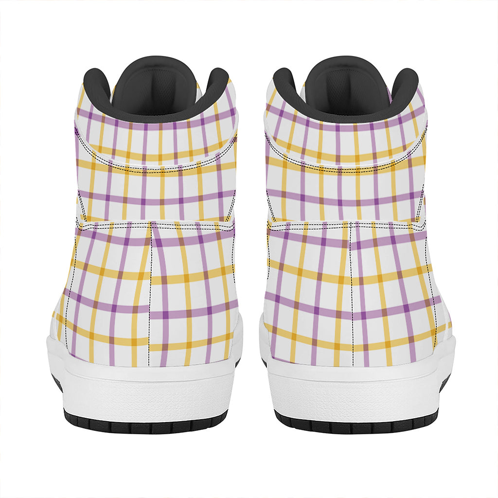 Yellow And Purple Tattersall Print High Top Leather Sneakers