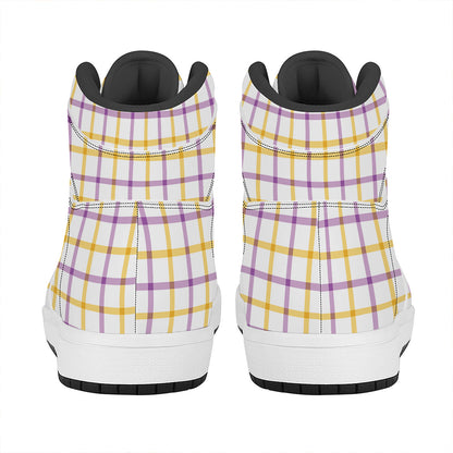 Yellow And Purple Tattersall Print High Top Leather Sneakers