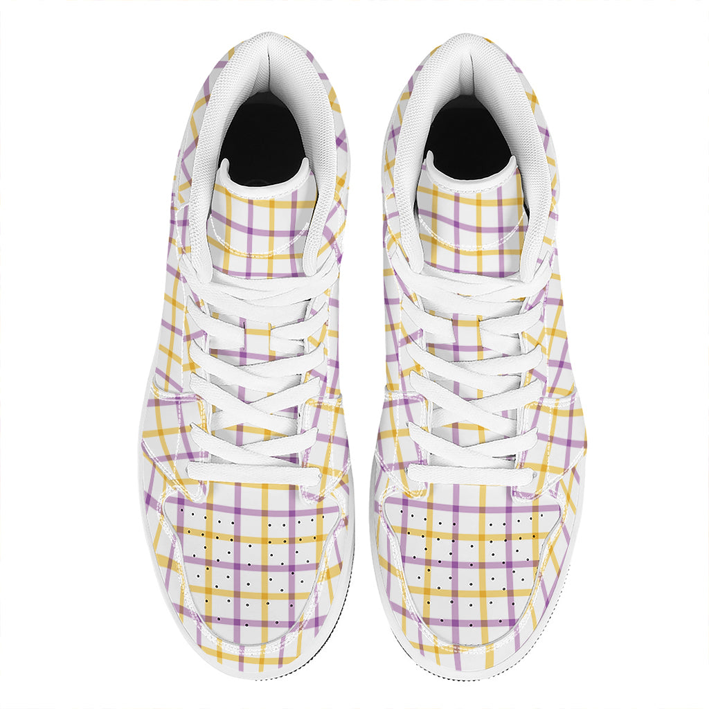 Yellow And Purple Tattersall Print High Top Leather Sneakers