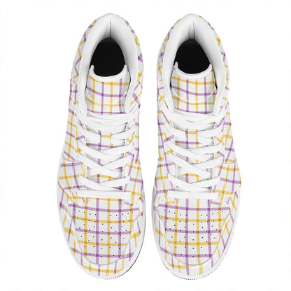 Yellow And Purple Tattersall Print High Top Leather Sneakers