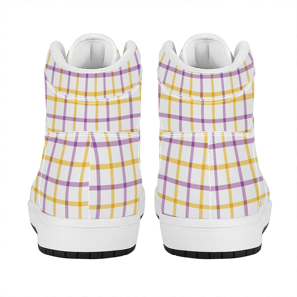 Yellow And Purple Tattersall Print High Top Leather Sneakers