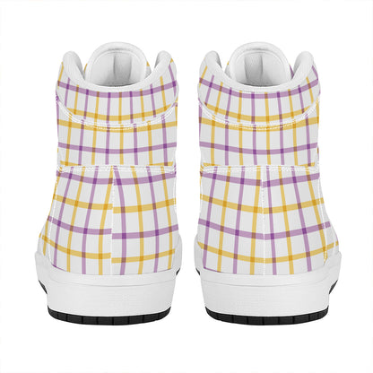 Yellow And Purple Tattersall Print High Top Leather Sneakers