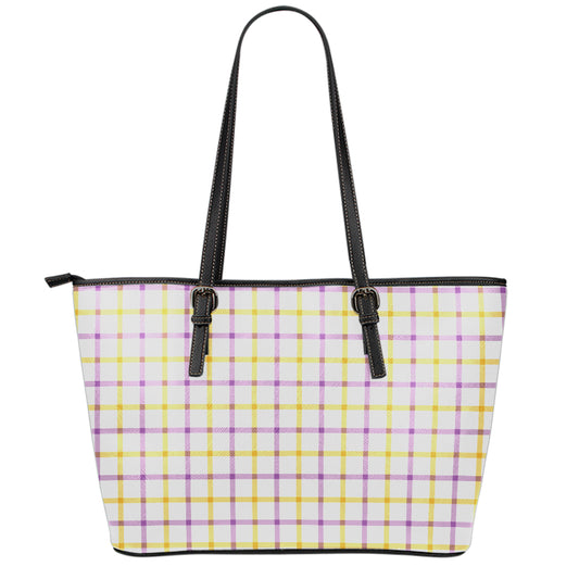 Yellow And Purple Tattersall Print Leather Tote Bag