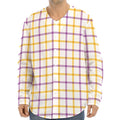 Yellow And Purple Tattersall Print Long Sleeve Baseball Jersey