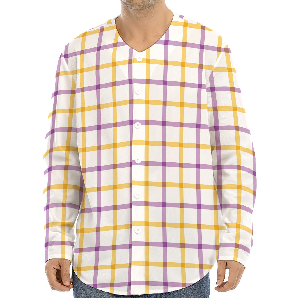 Yellow And Purple Tattersall Print Long Sleeve Baseball Jersey