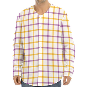 Yellow And Purple Tattersall Print Long Sleeve Baseball Jersey