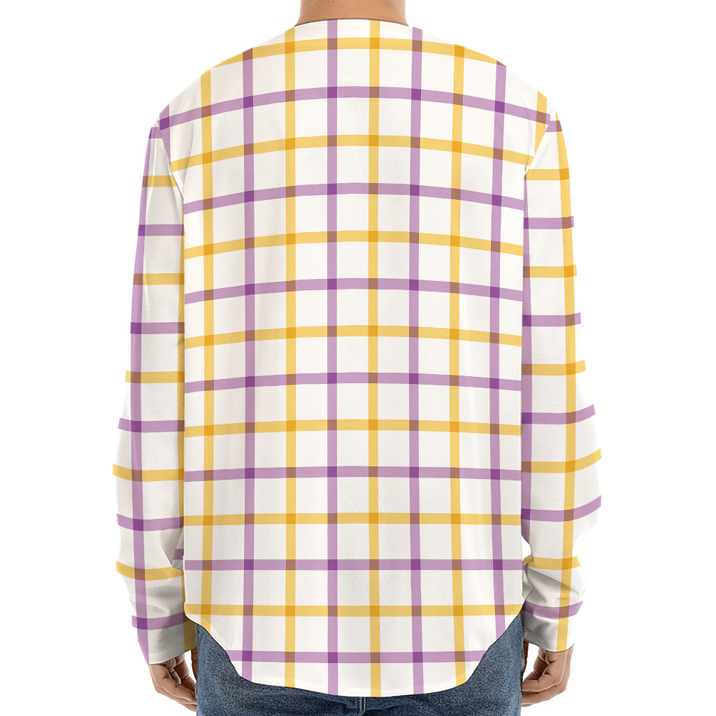 Yellow And Purple Tattersall Print Long Sleeve Baseball Jersey