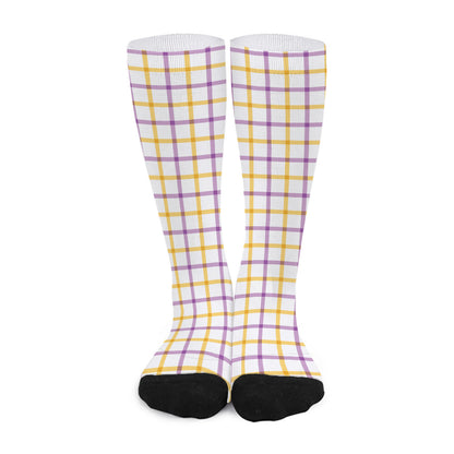 Yellow And Purple Tattersall Print Long Socks
