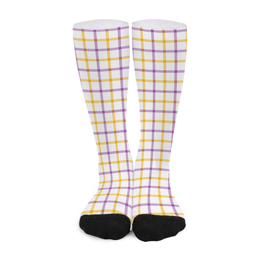 Yellow And Purple Tattersall Print Long Socks