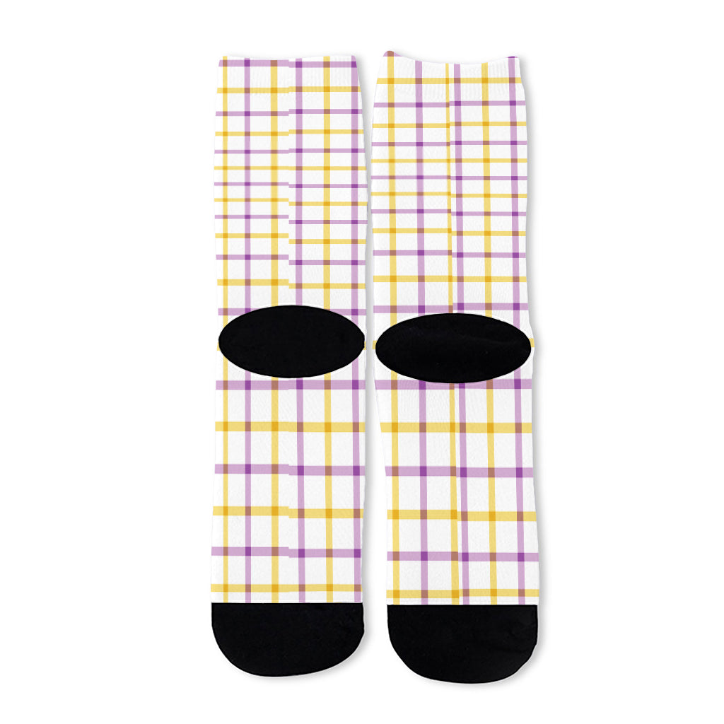 Yellow And Purple Tattersall Print Long Socks
