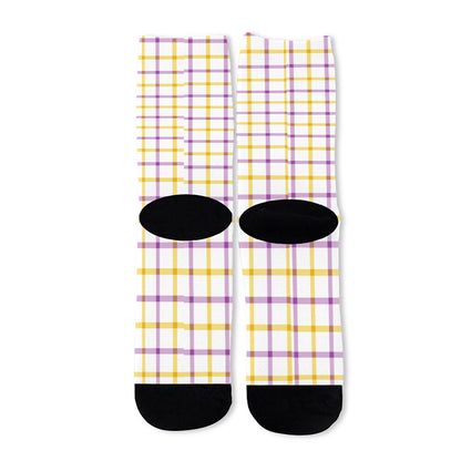 Yellow And Purple Tattersall Print Long Socks