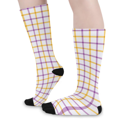 Yellow And Purple Tattersall Print Long Socks