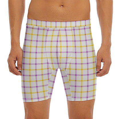 Yellow And Purple Tattersall Print Men's Long Boxer Briefs