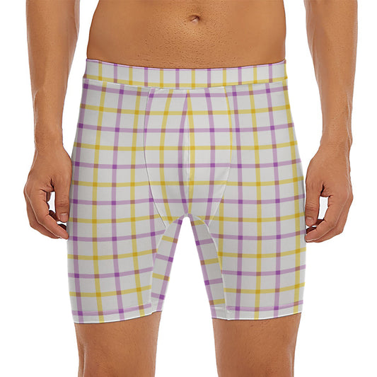 Yellow And Purple Tattersall Print Men's Long Boxer Briefs