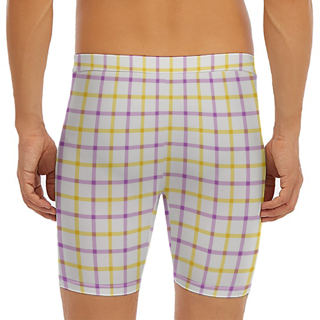Yellow And Purple Tattersall Print Men's Long Boxer Briefs