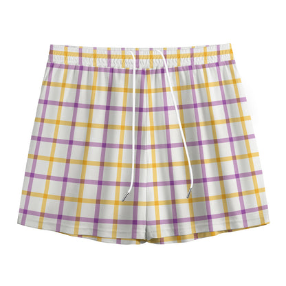 Yellow And Purple Tattersall Print Mesh Shorts