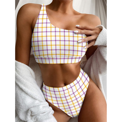 Yellow And Purple Tattersall Print One Shoulder Bikini Top