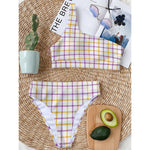 Yellow And Purple Tattersall Print One Shoulder Bikini Top