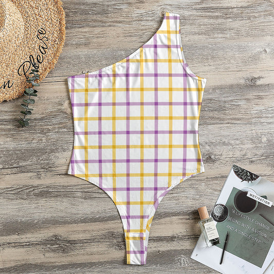 Yellow And Purple Tattersall Print One Shoulder Bodysuit