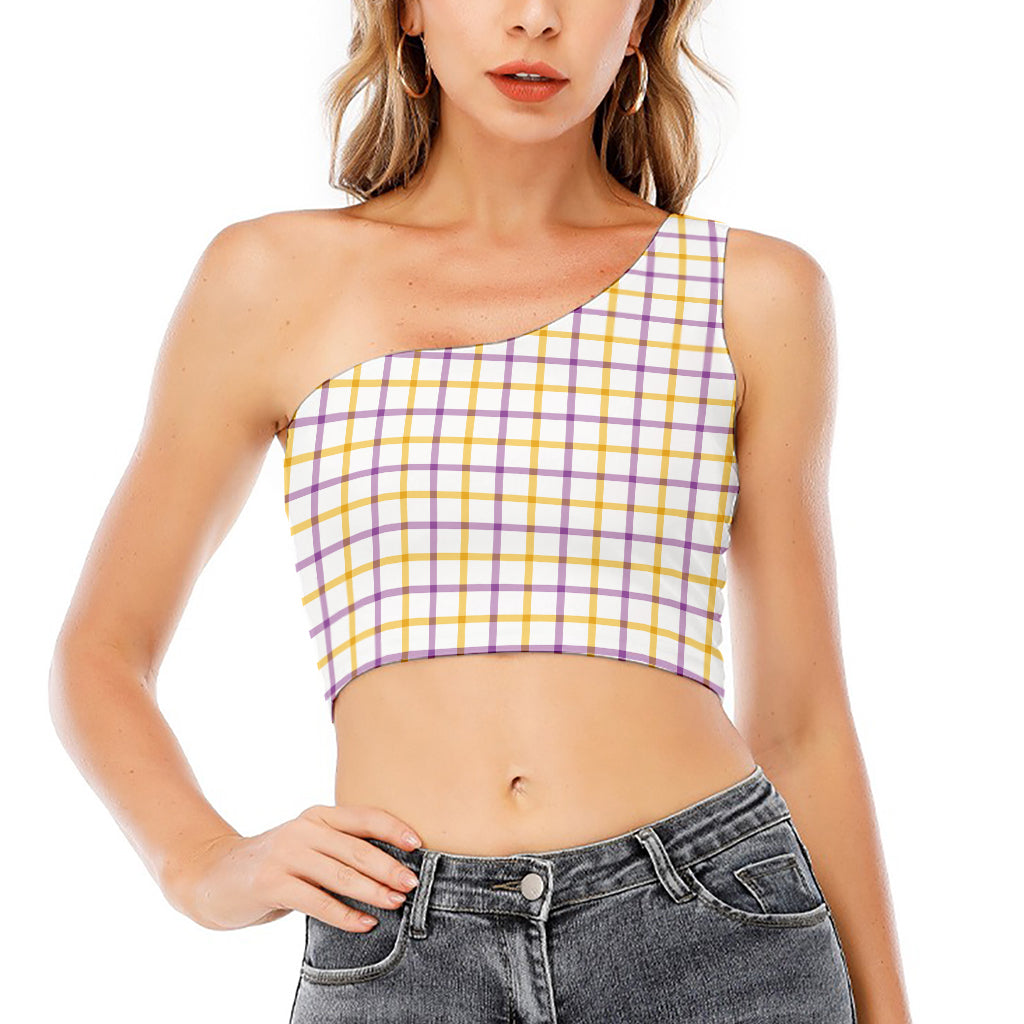 Yellow And Purple Tattersall Print One Shoulder Crop Top