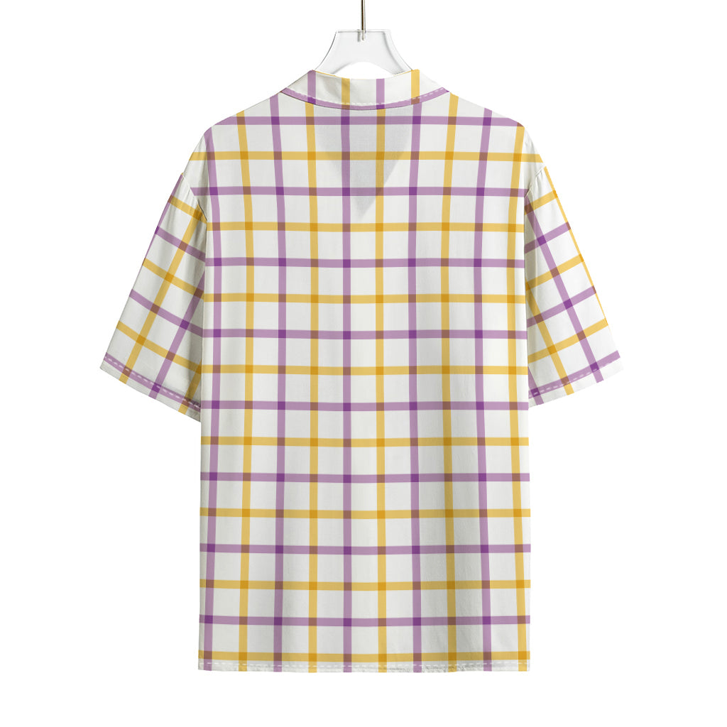 Yellow And Purple Tattersall Print Rayon Hawaiian Shirt