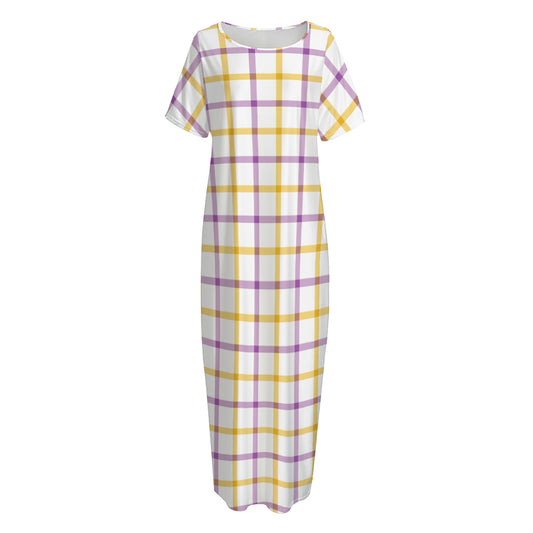 Yellow And Purple Tattersall Print Short Sleeve Long Nightdress
