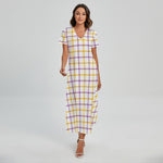 Yellow And Purple Tattersall Print Short Sleeve Maxi Dress