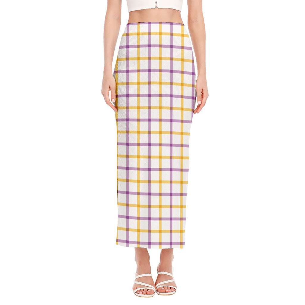 Yellow And Purple Tattersall Print Side Slit Maxi Skirt