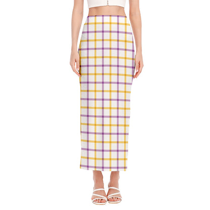 Yellow And Purple Tattersall Print Side Slit Maxi Skirt