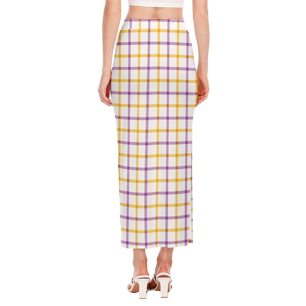 Yellow And Purple Tattersall Print Side Slit Maxi Skirt