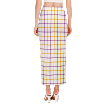 Yellow And Purple Tattersall Print Side Slit Maxi Skirt