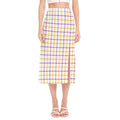 Yellow And Purple Tattersall Print Side Slit Midi Skirt