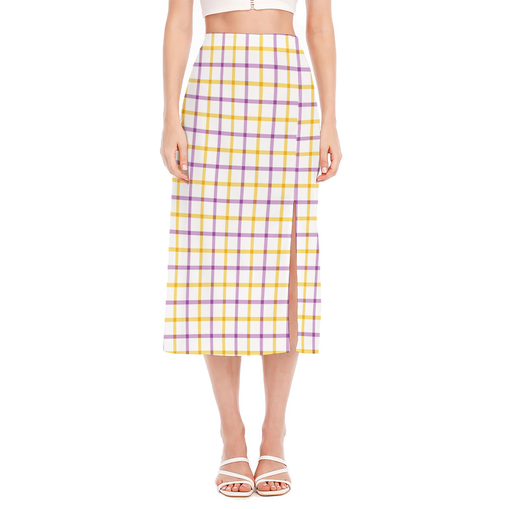 Yellow And Purple Tattersall Print Side Slit Midi Skirt