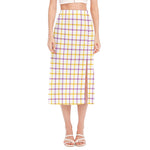 Yellow And Purple Tattersall Print Side Slit Midi Skirt