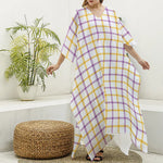 Yellow And Purple Tattersall Print Silk V-Neck Kaftan Dress
