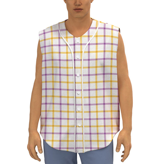 Yellow And Purple Tattersall Print Sleeveless Baseball Jersey