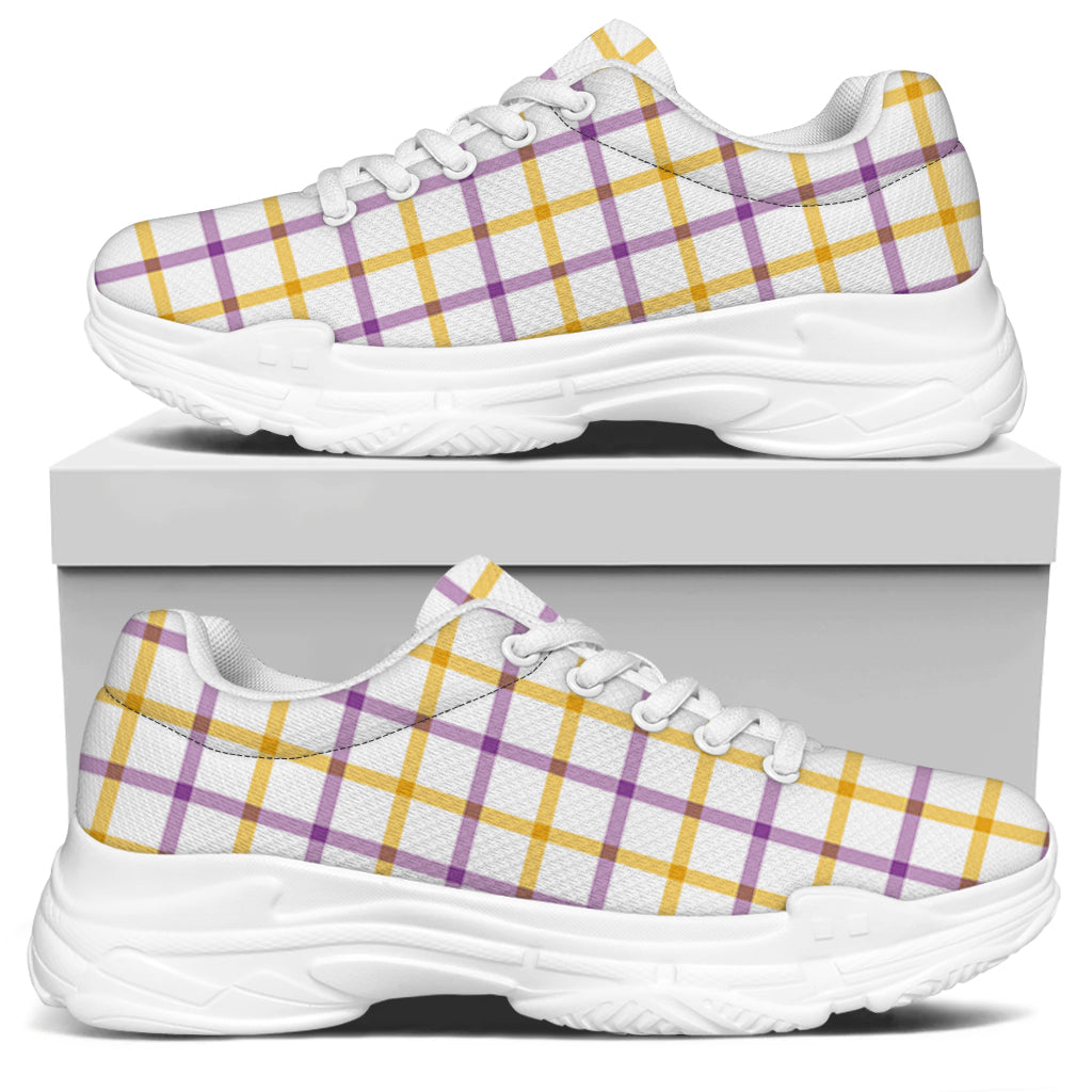 Yellow And Purple Tattersall Print White Chunky Shoes