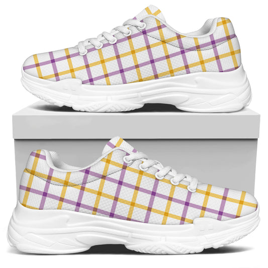 Yellow And Purple Tattersall Print White Chunky Shoes