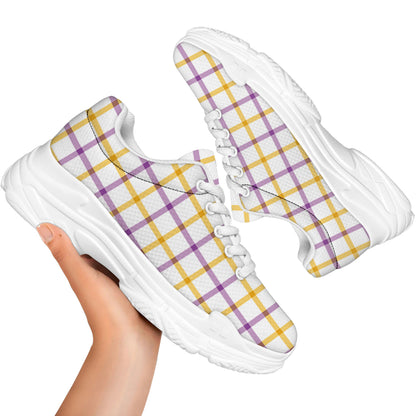 Yellow And Purple Tattersall Print White Chunky Shoes