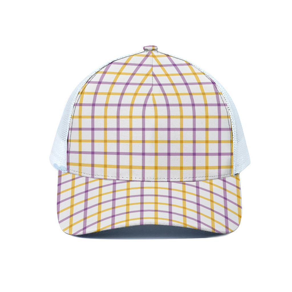 Yellow And Purple Tattersall Print White Mesh Trucker Cap