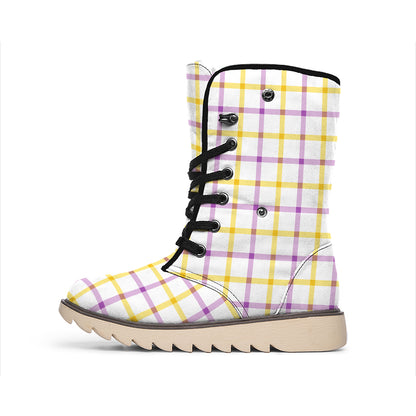 Yellow And Purple Tattersall Print Winter Boots